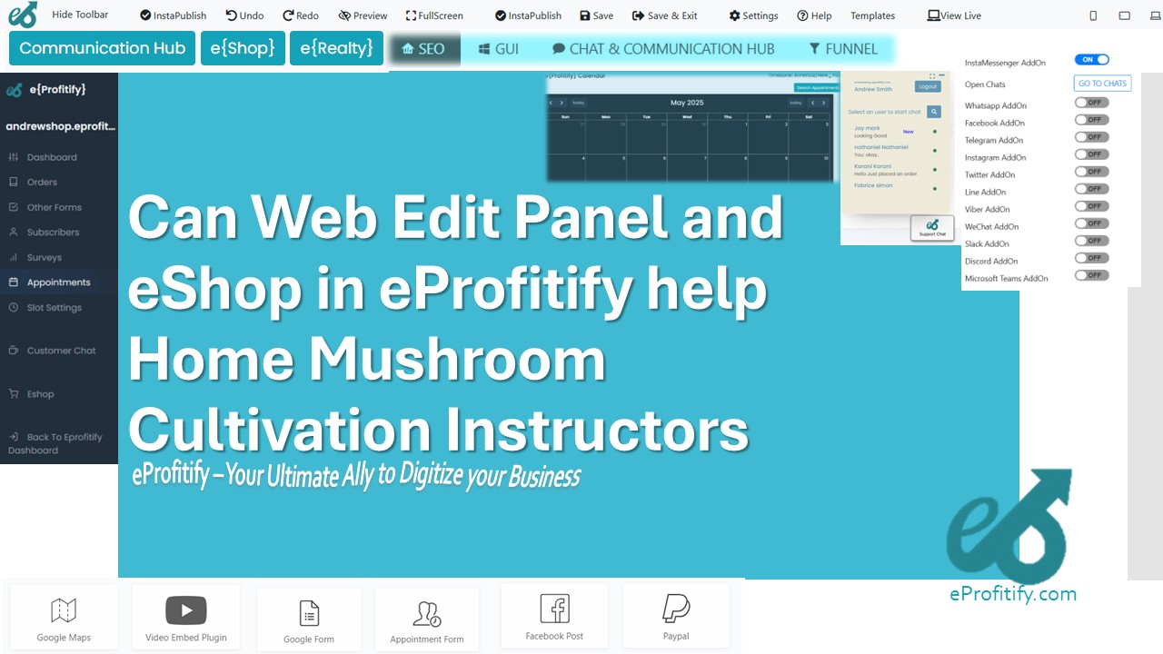 Can Web Edit Panel and eShop in eProfitify help Home Mushroom Cultivation Instructors